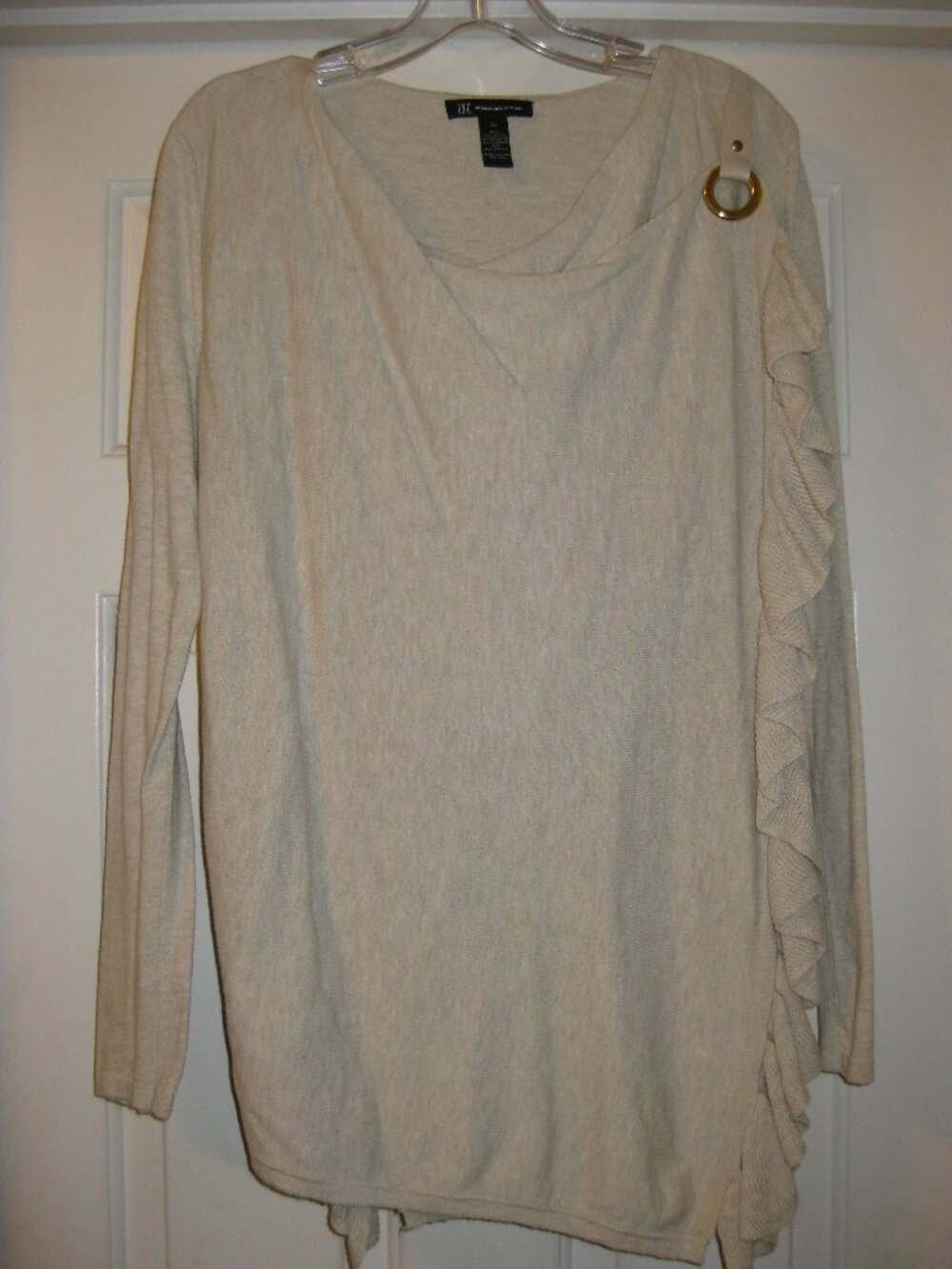 XL Beige Long Sleeve Asymmetrical Top with Decorative Side Ruffle